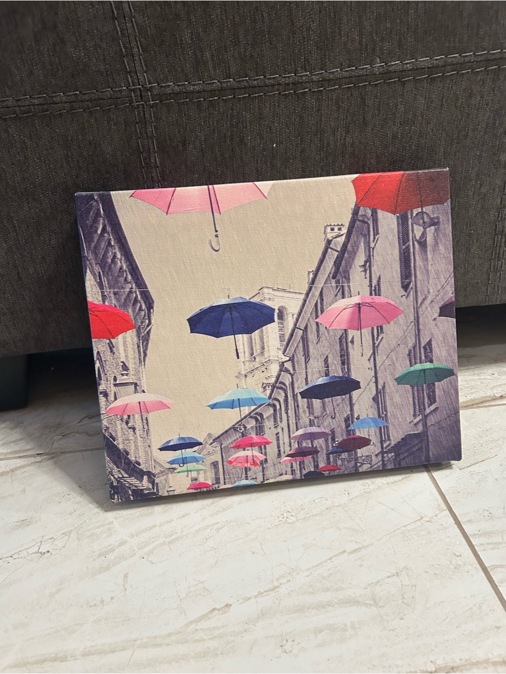 Umbrella Street Canvas Wall Art - Colorful Floating Umbrellas